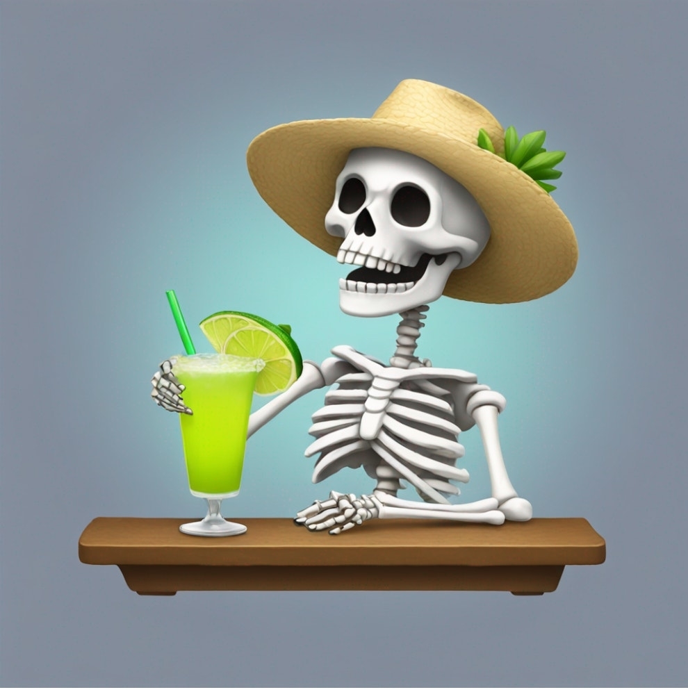 Illustration of a smiling skeleton wearing a hat, holding a lime drink on a shelf