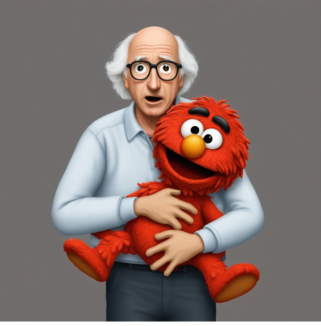 Larry David holding an animated smiling Elmo from Sesame Street
