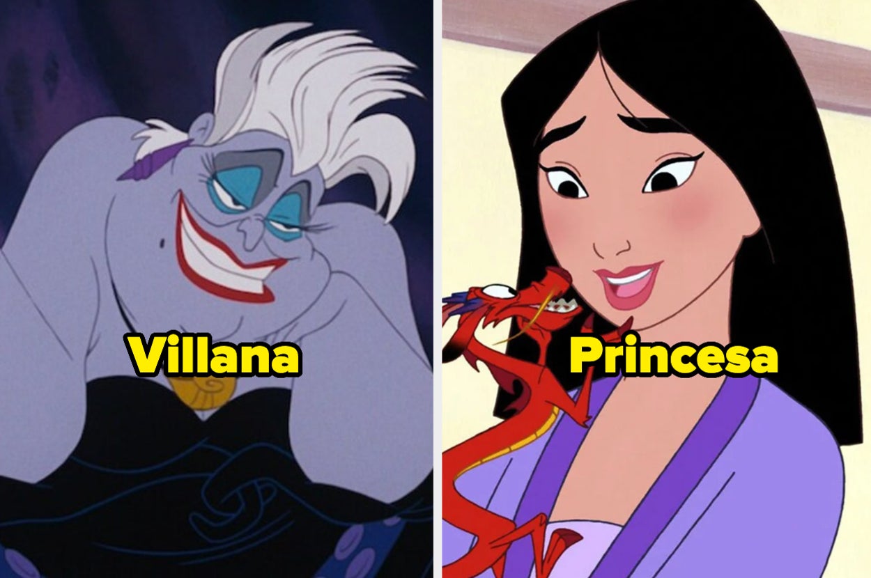 Ursula de "La Sirenita" y Mulan con Mushu, etiquetadas como "Villana" y "Princesa" respectivamente