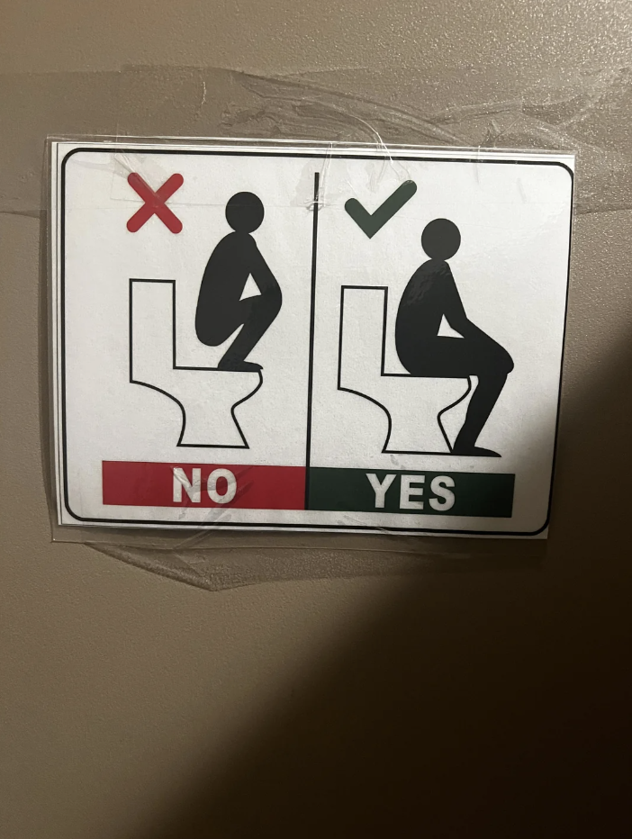 Instructional sign showing correct (sitting on toilet seat) and incorrect (perching on toilet seat) sitting positions on a toilet