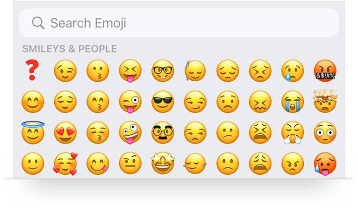 Emoji search screen displaying a variety of face emojis expressing different emotions