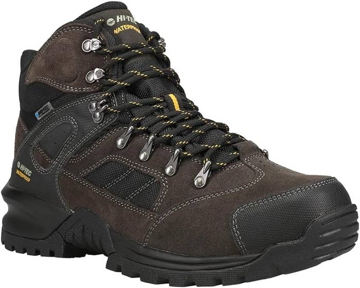 Sturdy hiking boot with a waterproof label, designed for rugged outdoor use