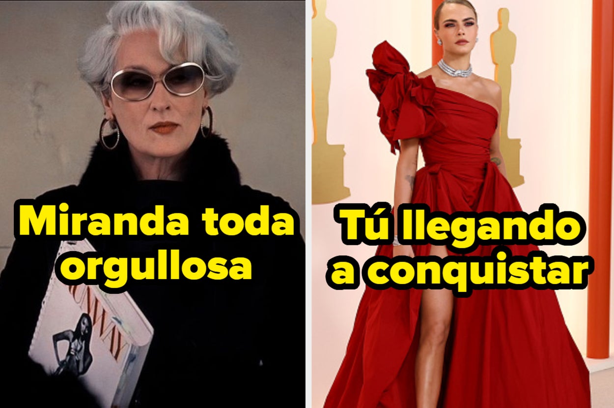 Miranda Priestly posa con una actitud orgullosa y una modelo en la alfombra roja con un vestido de gala rojo y hombros descubiertos