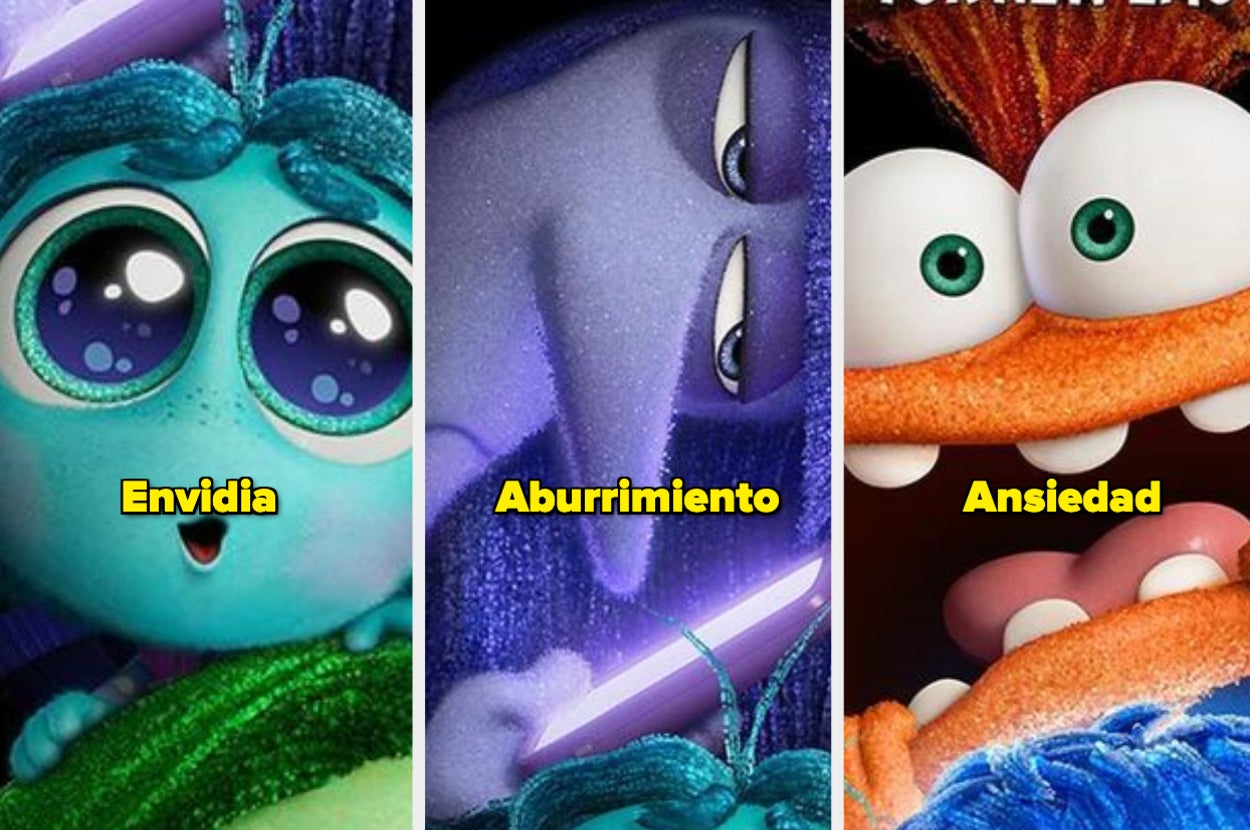 Primer plano de tres personajes animados de 'Del Revés' expresando emociones: Alegría, Miedo y Furia