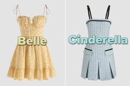 Two dresses inspired by Disney characters Belle and Cinderella with character names overlaying