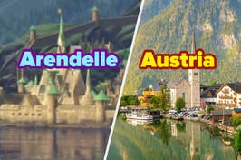 Comparison of fictional Arendelle castle from Frozen and a real Austrian town