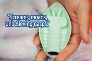 Hand holding a small green toy with quote "Screams, moans, unbelieving gasps."