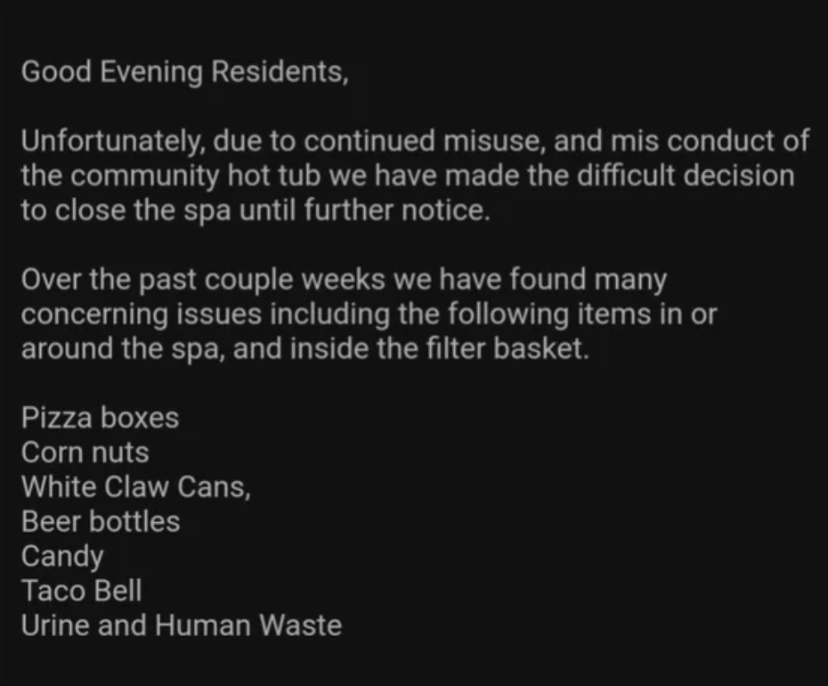 Notice summarizes issues with waste management in a residential area listing inappropriate items found like pizza boxes and beer cans