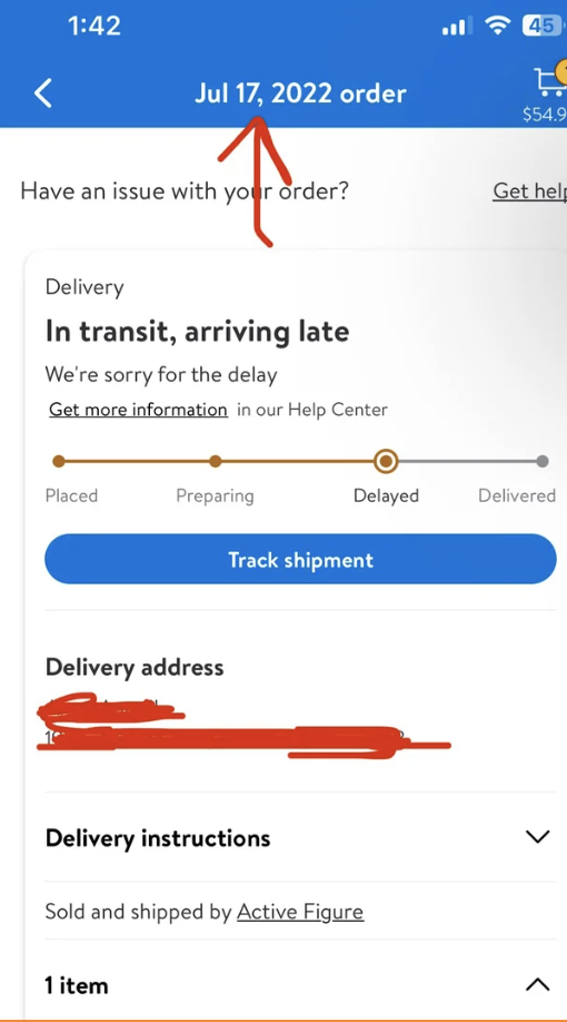 shipping status is labeled as &quot;in transit&quot; from an order made in 2022