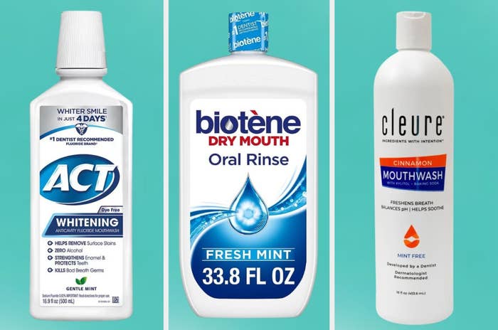 Three mouthwash bottles: ACT Whitening, Biotene Dry Mouth, and Cleure Cinnamon for dental care