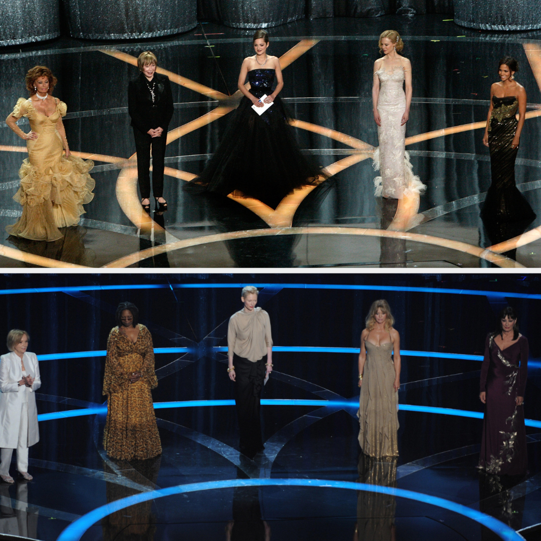 Five presenters in various elegant outfits on a stage with spotlight effects