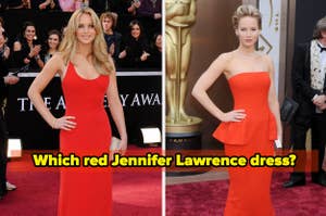 Two images of Jennifer Lawrence in different red dresses at the Oscars