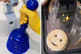Hand in yellow glove using a blue plunger in a sink; smiley face sponge on tablet screen with reflection