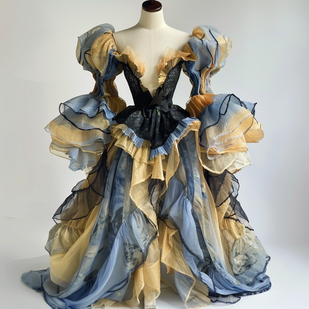 A mannequin displays an elaborate gown with ruffled layers and a corseted bodice, evoking a dramatic, historical style