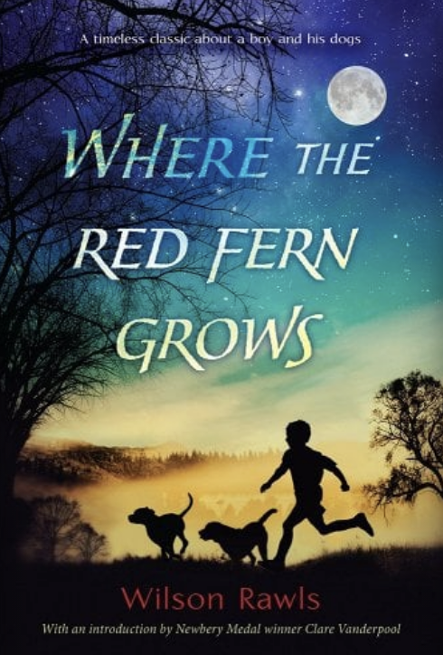 Cover of &#x27;Where the Red Fern Grows&#x27; showing a boy and his dogs under a moonlit sky