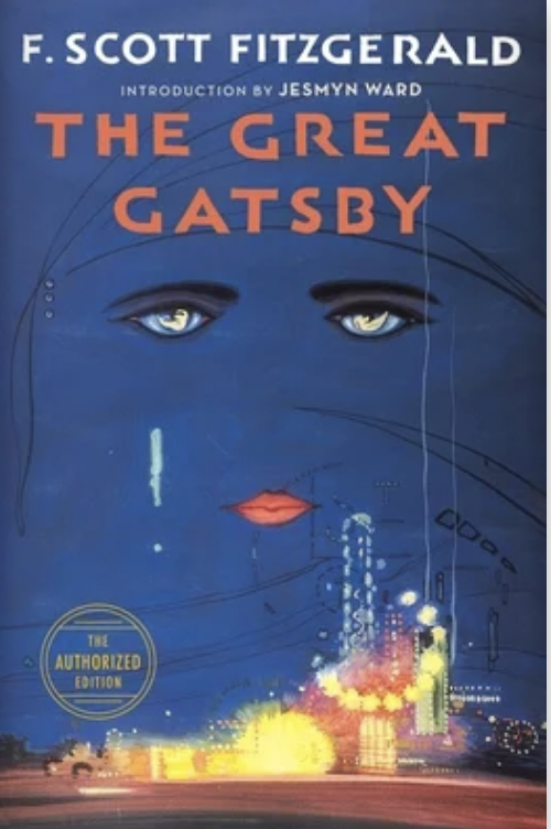 Cover of &quot;The Great Gatsby&quot; by F. Scott Fitzgerald with a stylized face over a cityscape
