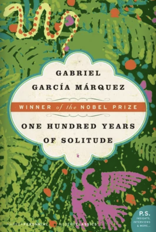 Cover of &quot;One Hundred Years of Solitude&quot; by Gabriel García Márquez, Nobel Prize winner note, with abstract green art