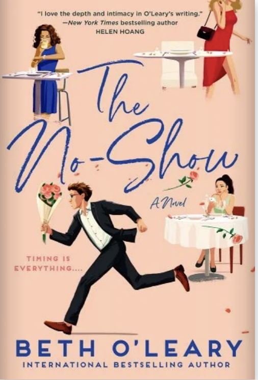 Three illustrated characters on a book cover titled &quot;The No-Show&quot; by Beth O&#x27;Leary