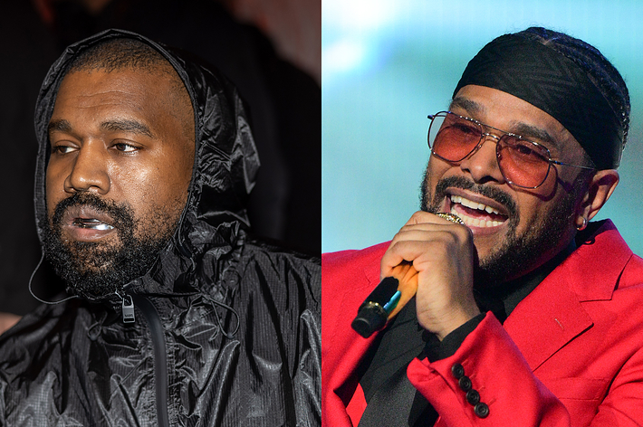 Left: Person with hooded jacket. Right: Person in red suit jacket and glasses, holding a microphone