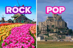 On the left, a tulip field and windmill in the Netherlands labeled rock, and on the right, Mont Saint Michel labeled pop