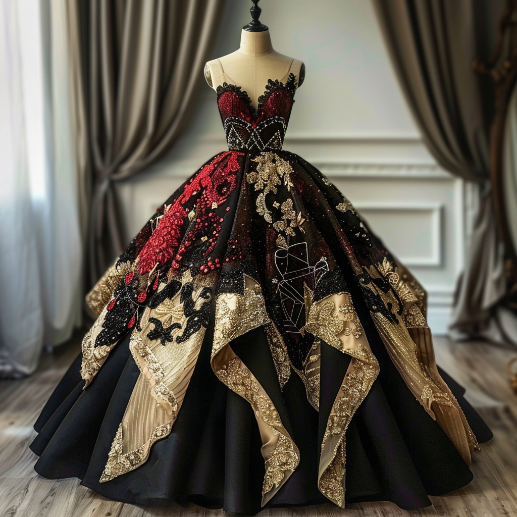 a dark gown with a corset top and beaded detailing