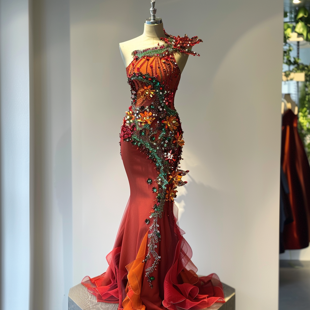 an elegant red gown with intricate multicolored beadwork in a mermaid silhouette