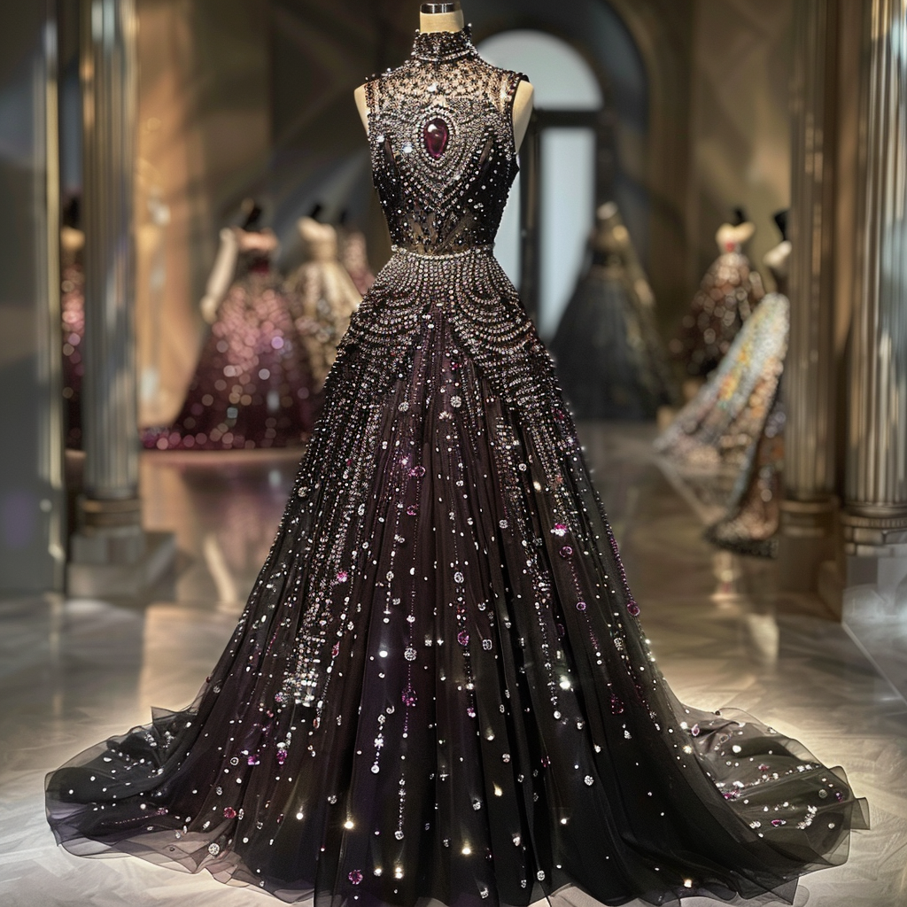 floor-length gown with intricate beading and a high neck
