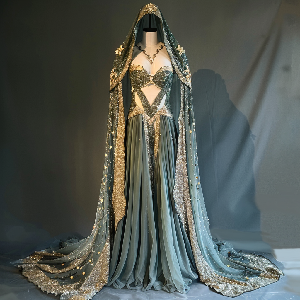 a long detailed gown with a star-themed corset and a flowing cape with embellishments