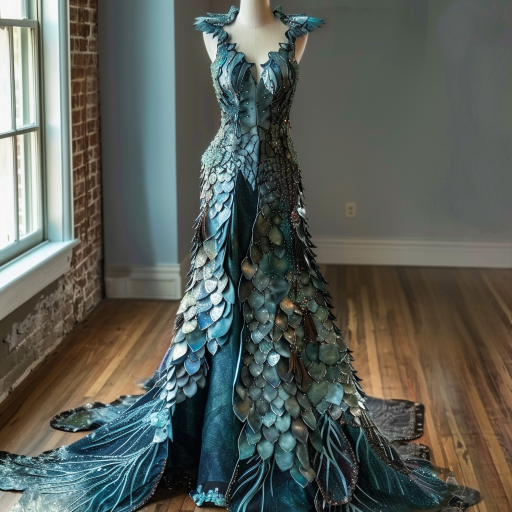 mermaid-themed gown with layered scale details