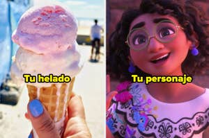 A la izquierda, una mano sostiene un cono de helado. A la derecha, Mirabel de "Encanto" sonriendo. Texto: "Tu helado" y "Tu personaje"