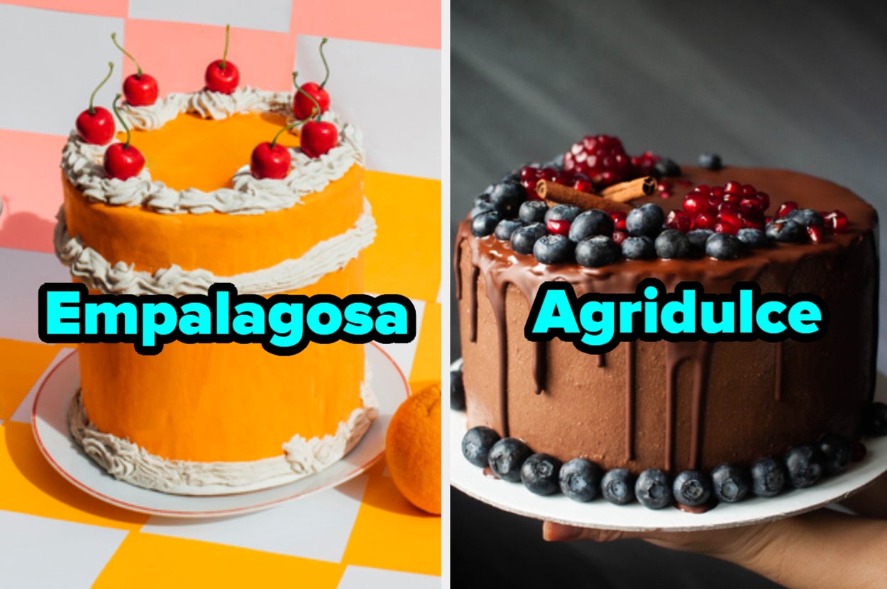 Dos pasteles: uno con cerezas y el otro con bayas y canela, etiquetados como empalagoso y agridulce