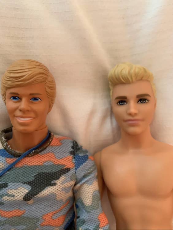 Two Ken male dolls side by side, one with a patterned top, reflecting different generations of toys for Parents category