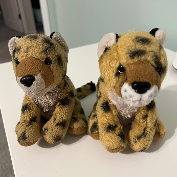 Two plush cheetah toys sitting side by side