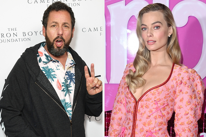 Adam Sandler in a casual jacket and Margot Robbie in a pink floral dress on separate red carpets