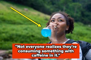 Woman outdoors sipping from a bottle with quote on caffeine awareness