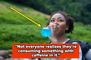 Woman outdoors sipping from a bottle with quote on caffeine awareness