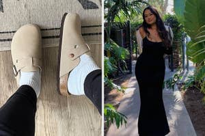 a reviewer showing the top and side view of the beige clogs / reviewer in a black slip dress