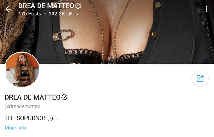 Drea de Matteo&#x27;s onlyfans profile; close-up of her necklace with the text &quot;THE SOPORNOS ;)&quot; in the bio