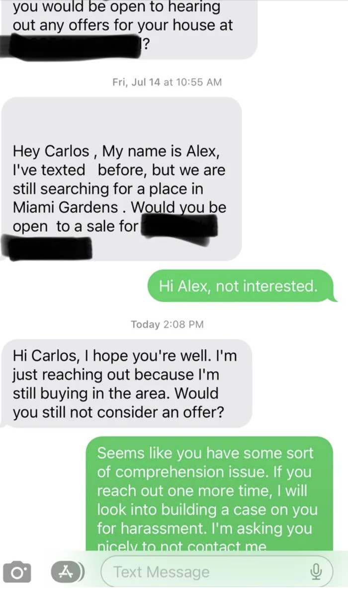 Text message exchange discussing a house sale offer with a response declining due to not looking to sell