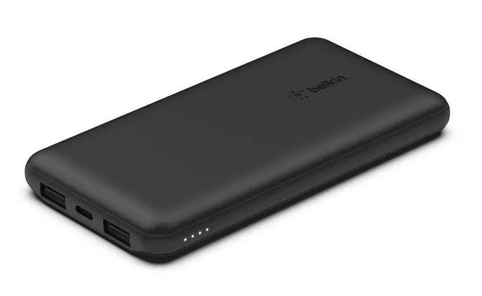 black portable power bank with two USB ports on a white background