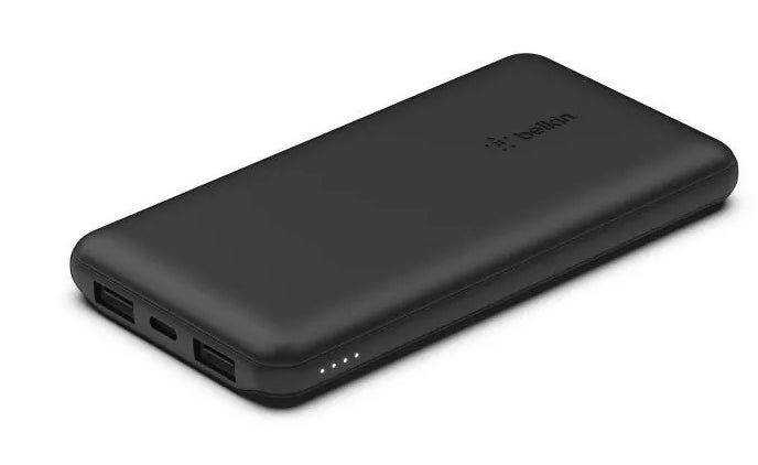 black portable power bank with two USB ports on a white background