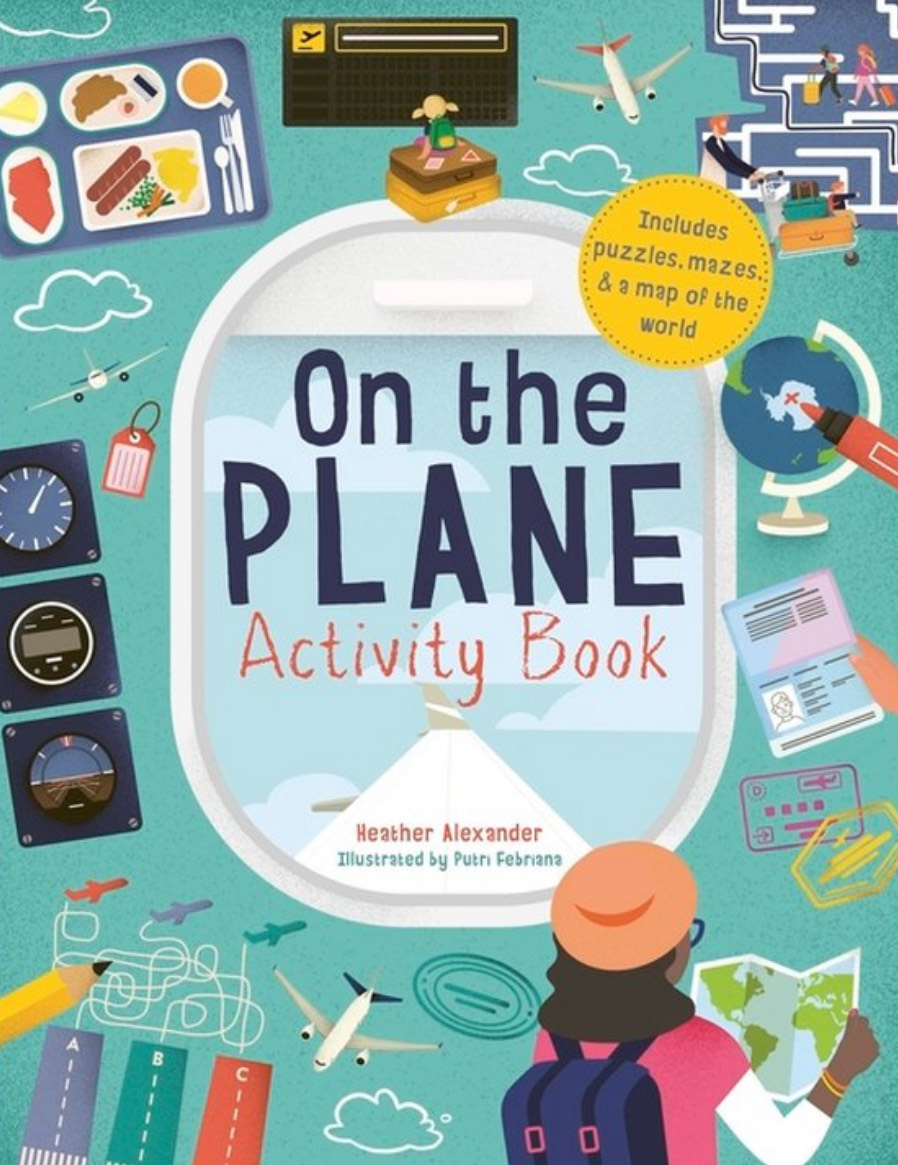 Cover of &quot;On the Plane Activity Book&quot; with puzzles, mazes, and illustrations for children&#x27;s entertainment