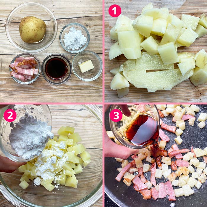 ジャガイモ料理のレシピステップを示す４枚の写真。上から順に材料、混ぜ合わせ、フライパンで調理中。