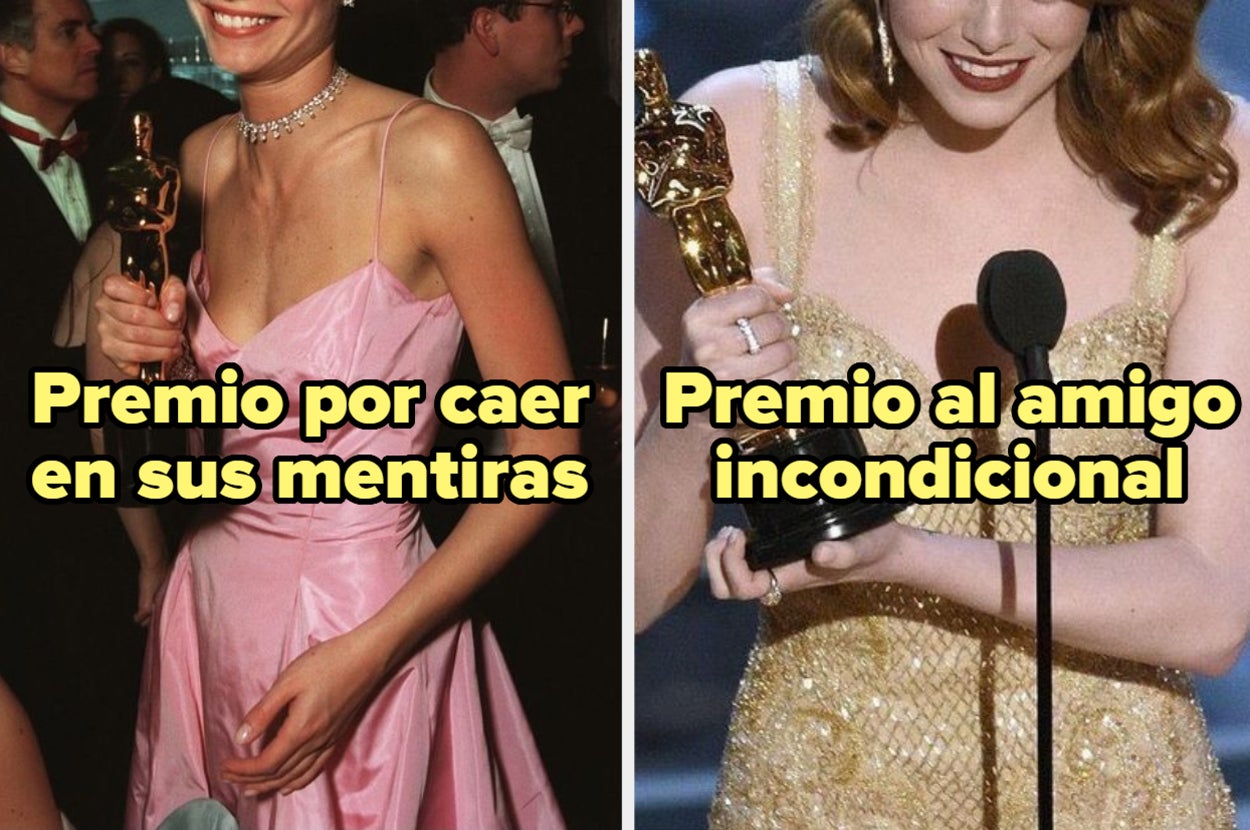 Fotomontaje de dos mujeres en vestidos de gala sosteniendo premios con textos superpuestos humorísticos sobre mentiras y amistad