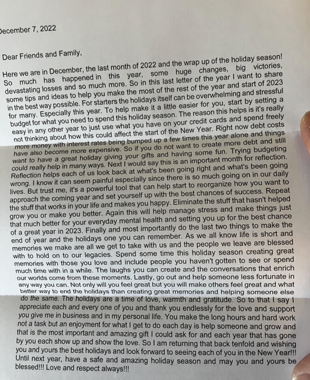 a typed letter full of text
