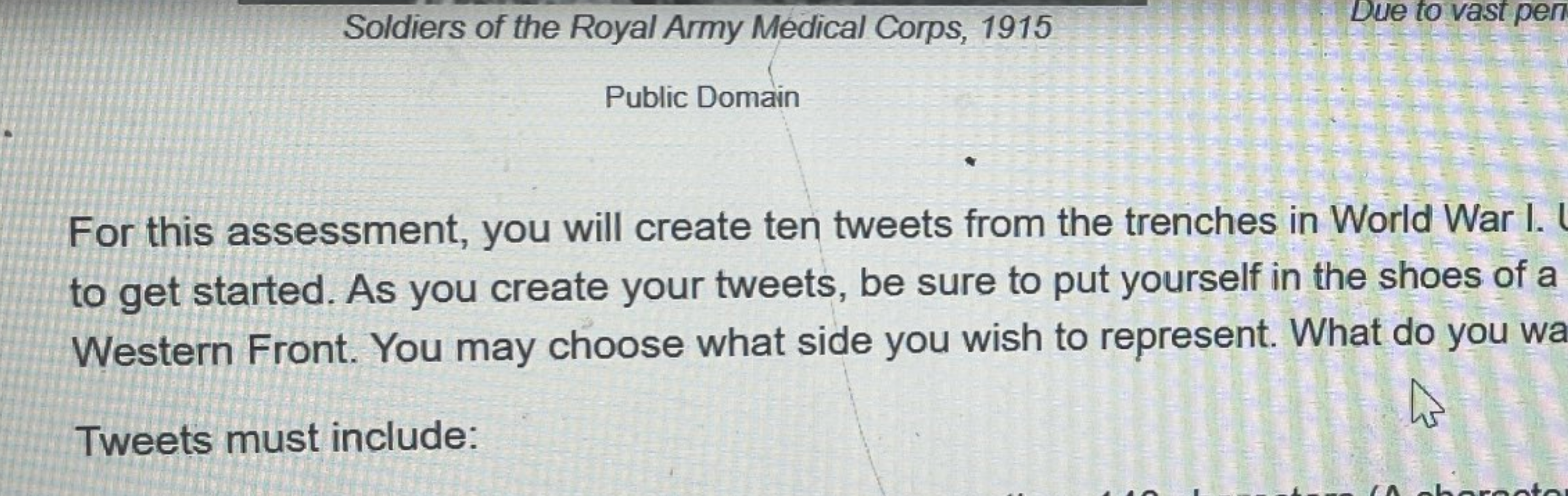 Assignment details for creating historical tweets from the perspective of World War I soldiers