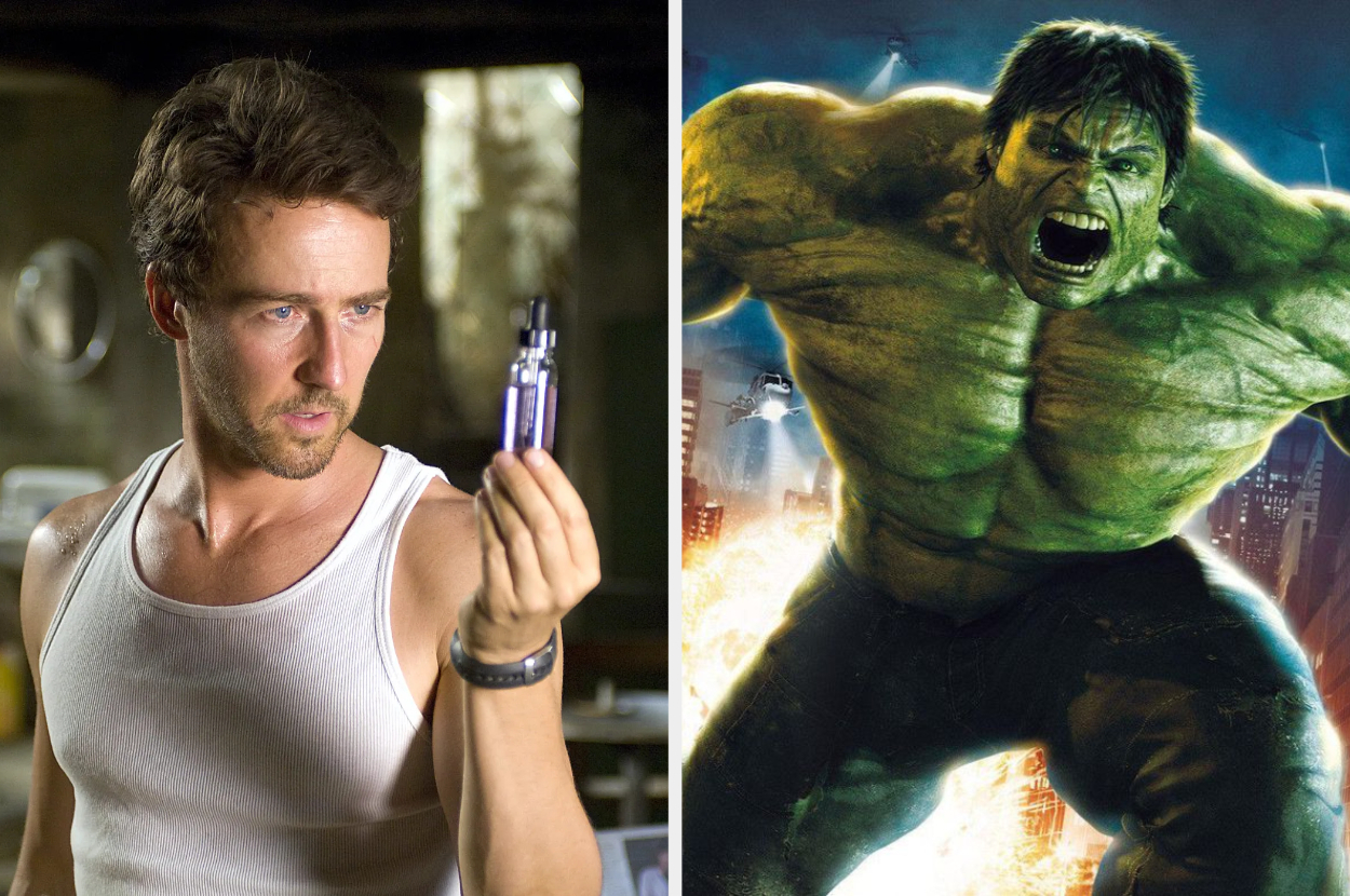 Photo split between Edward Norton examining an item and the Hulk roaring in action