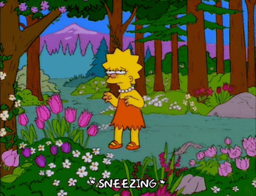 Gif of Lisa Simpson sneezing among flowers in a forest setting