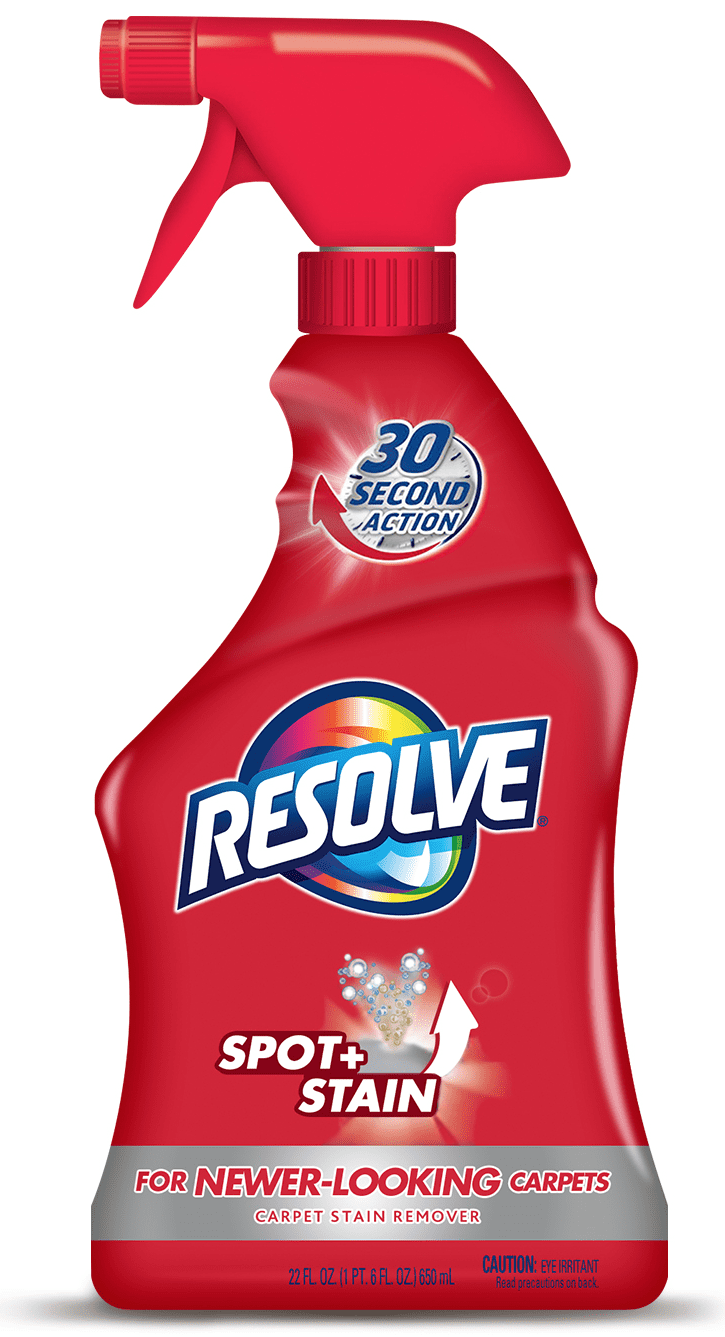 Bottle of Resolve carpet cleaner with a prominent label, designed to remove stains