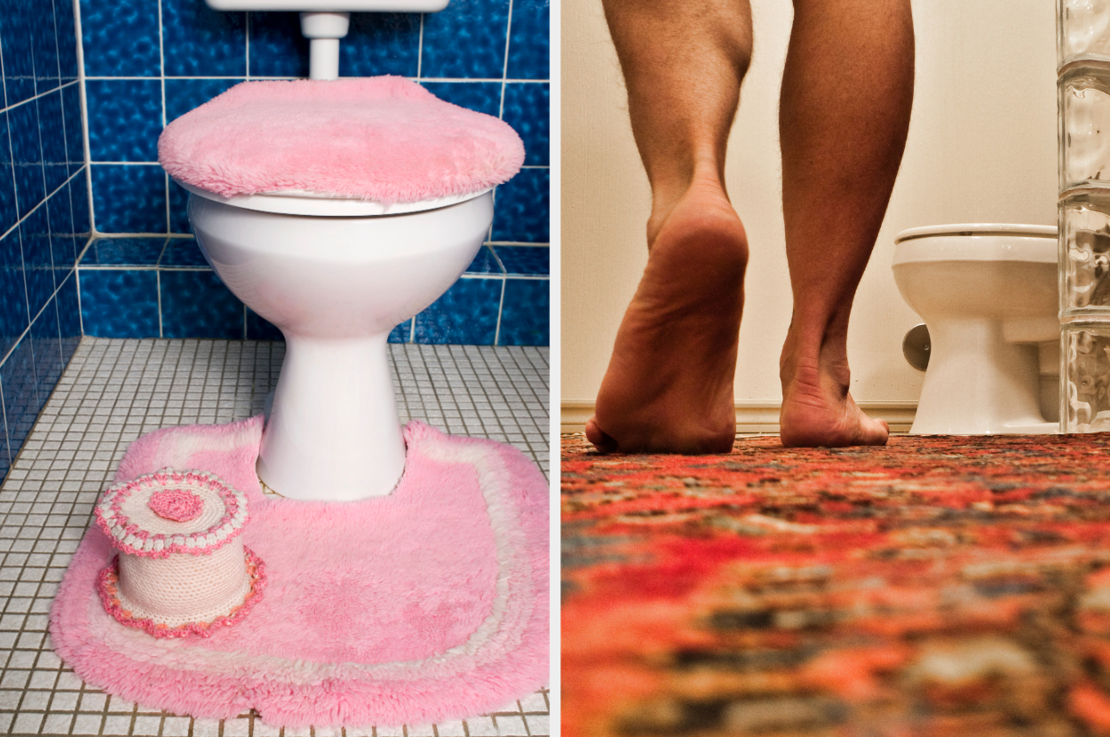 Person standing next to a toilet with a fluffy pink cover and mat set